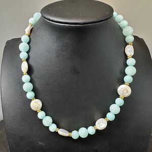 Amazonite and pearl disc beads with gold tone hardware necklace!